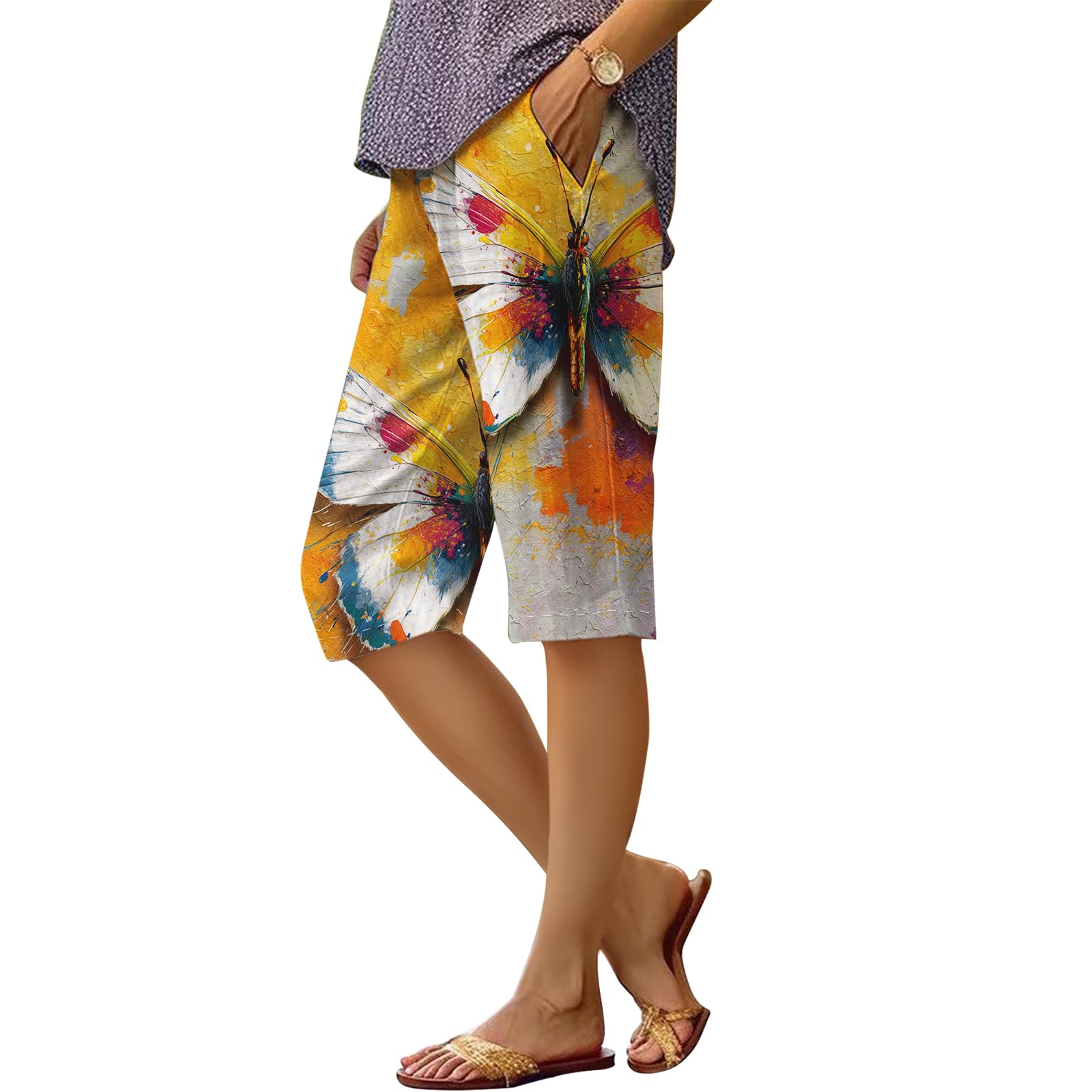 Shorts Dmoyala Com Estampa Floral De Linho De Cintura Alta Para Mulheres, Amarelos, 4gg