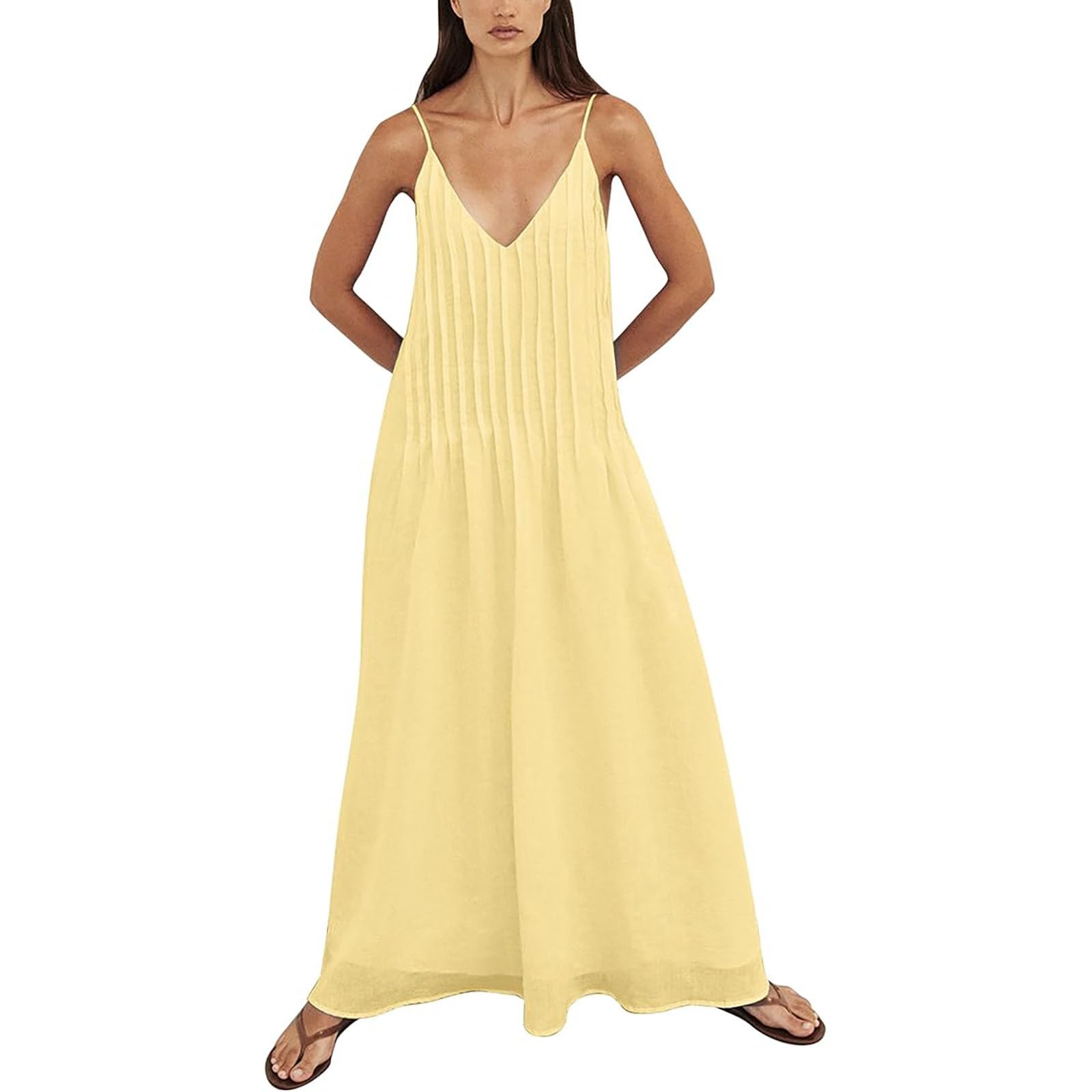 Vestido Maxi Yeenily Summer Plissado Com Decote Em V Para Mulheres Amarelo