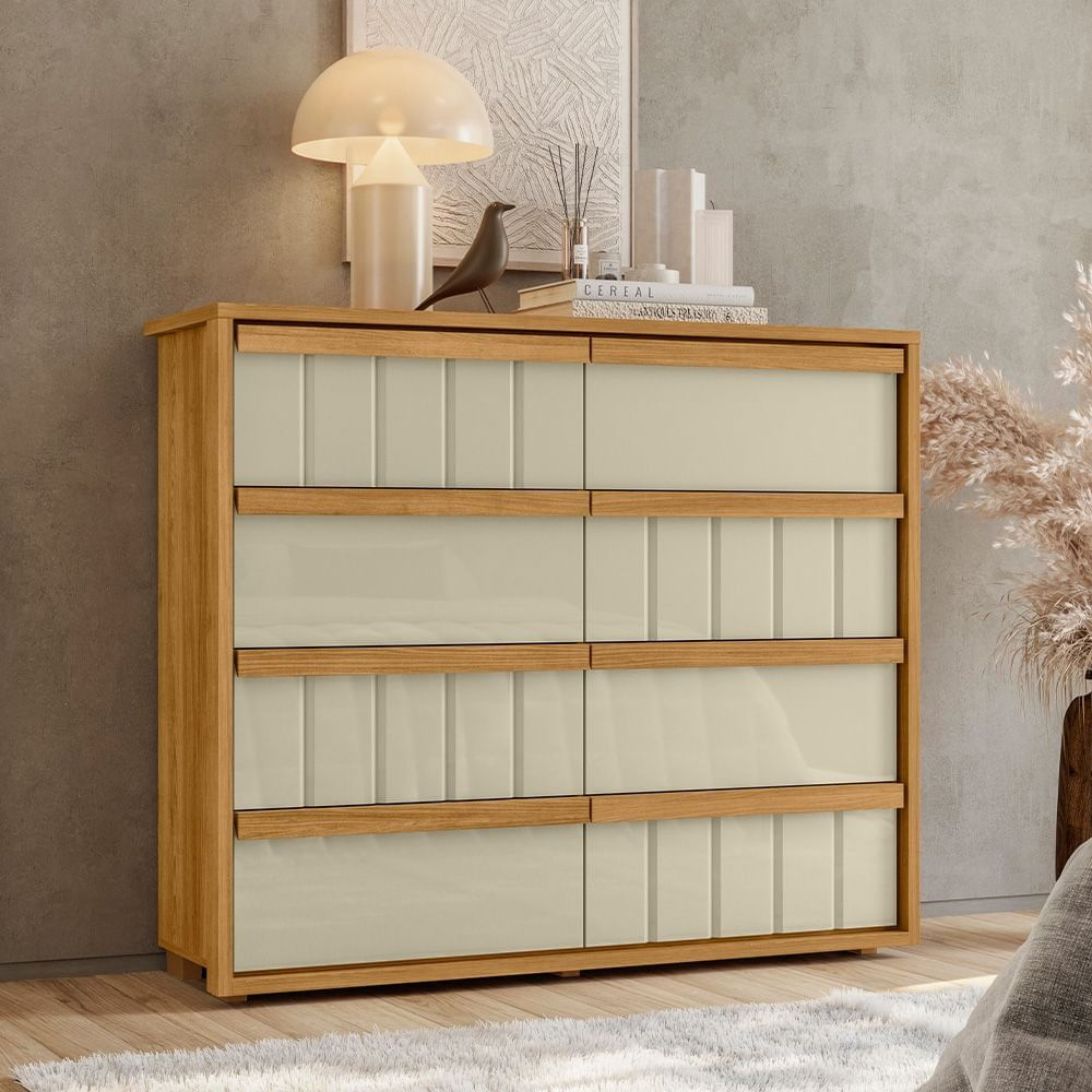 Cômoda Para Quarto 8 Gavetas Ripado 100% Mdf Tarsila Cumaru / Opala