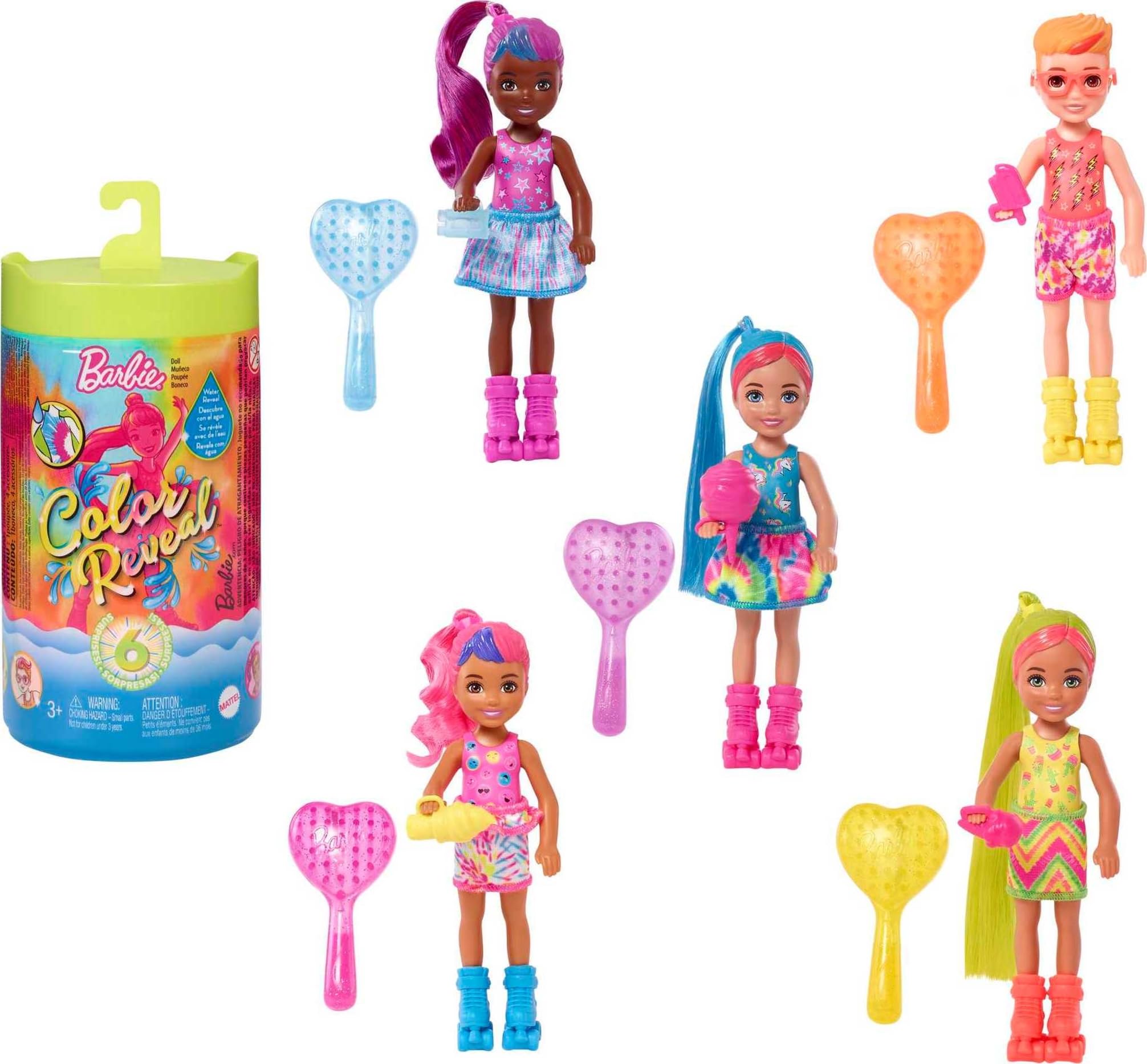 Boneca Pequena De Brinquedo Barbie Color Reveal Neon Tie-dye Com 6 Surpresas
