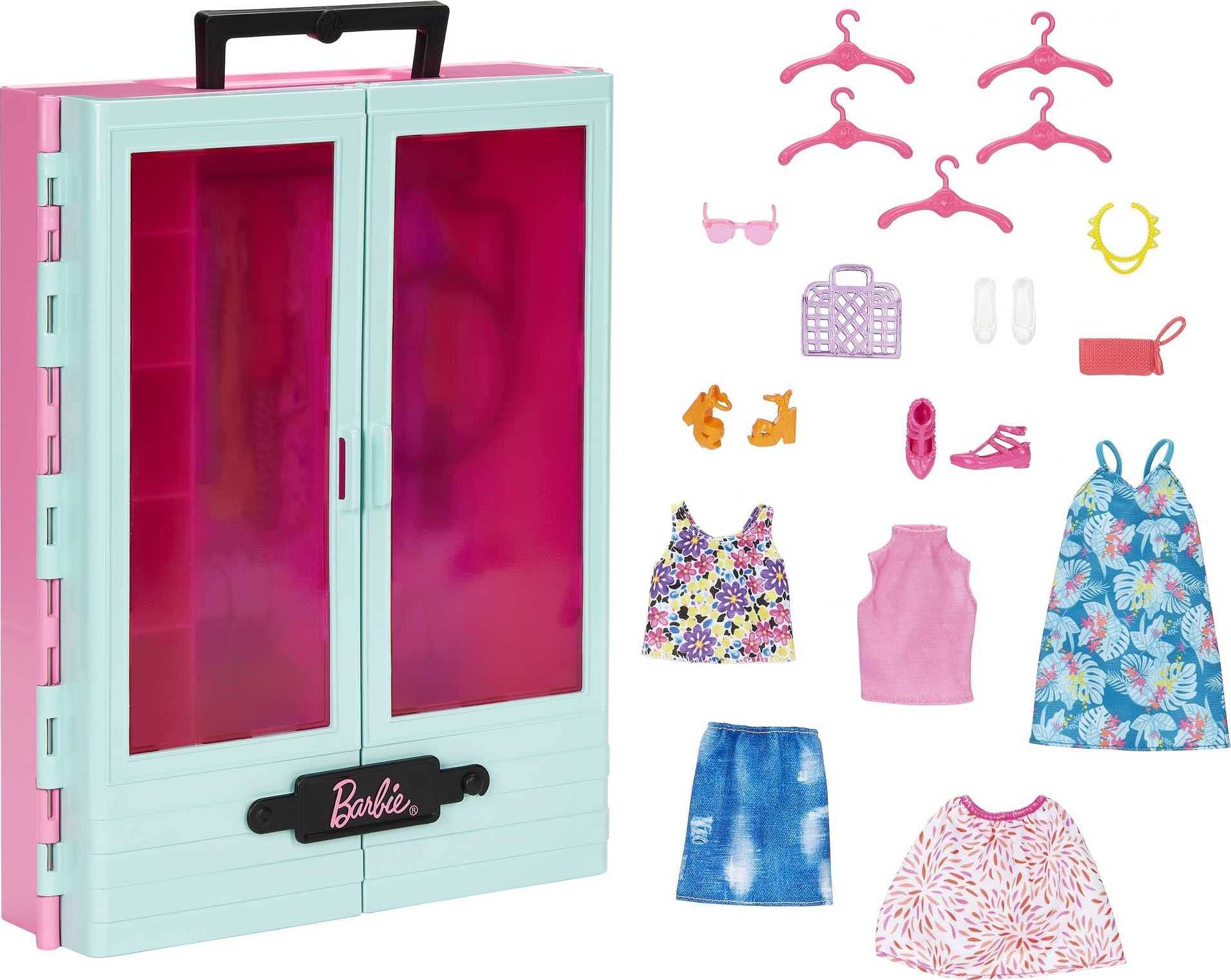 Armário Playset Barbie Com 3 Roupas, Acessórios E Cabides