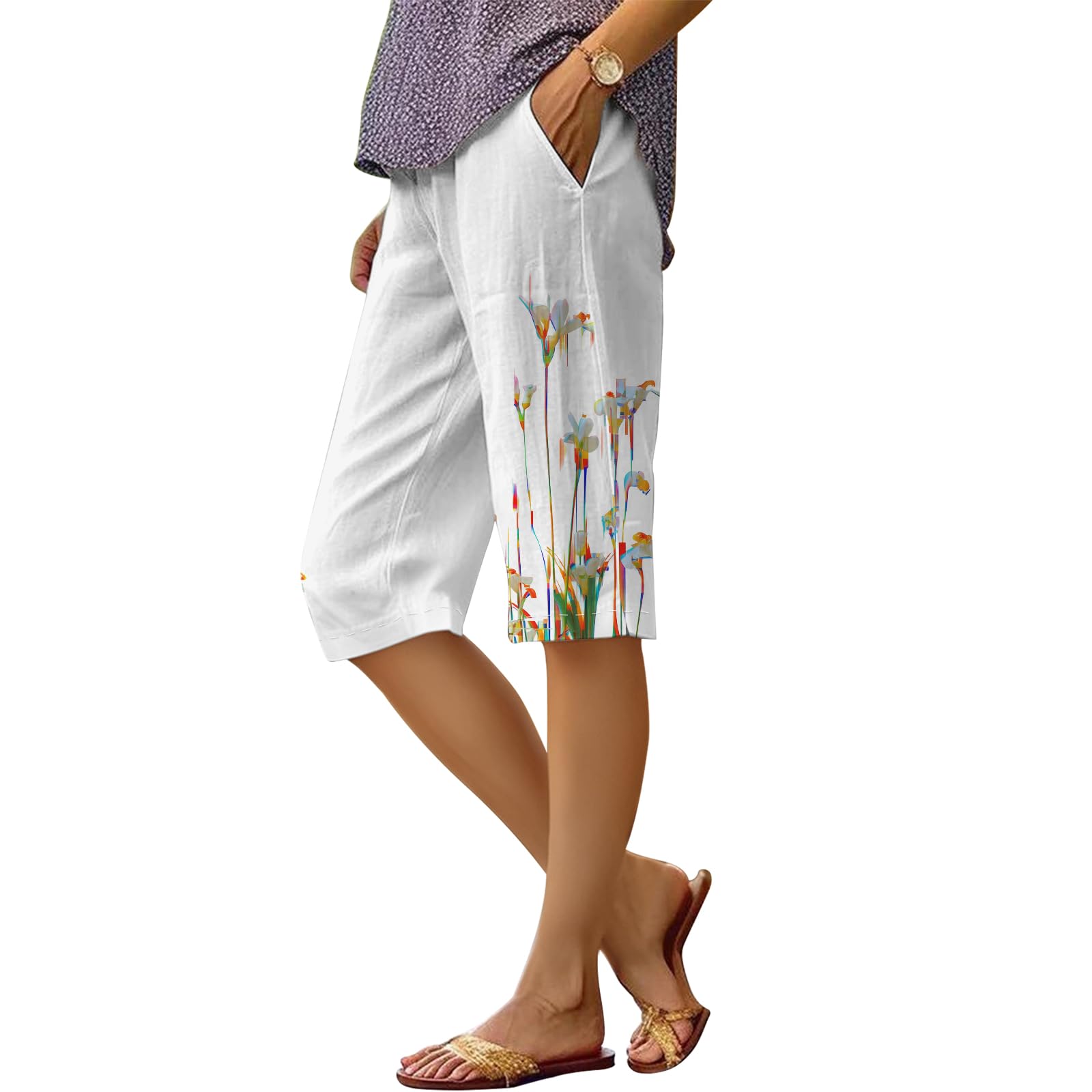 Bermudas Femininas De Linho Dmoyala Com Estampa Floral Branca L