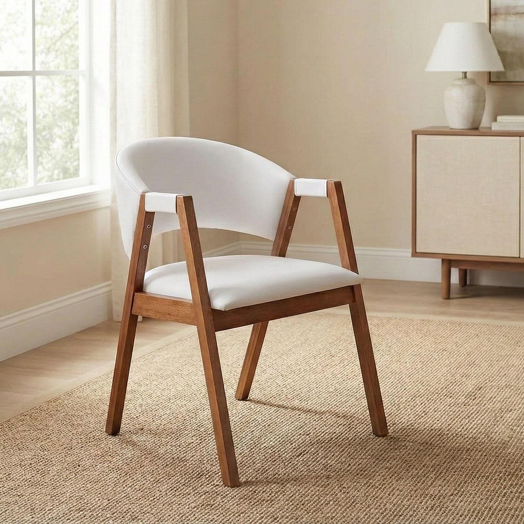 Cadeira De Jantar Estofada Em Madeira Maciça E Courino Hibisco Branco/amêndoa