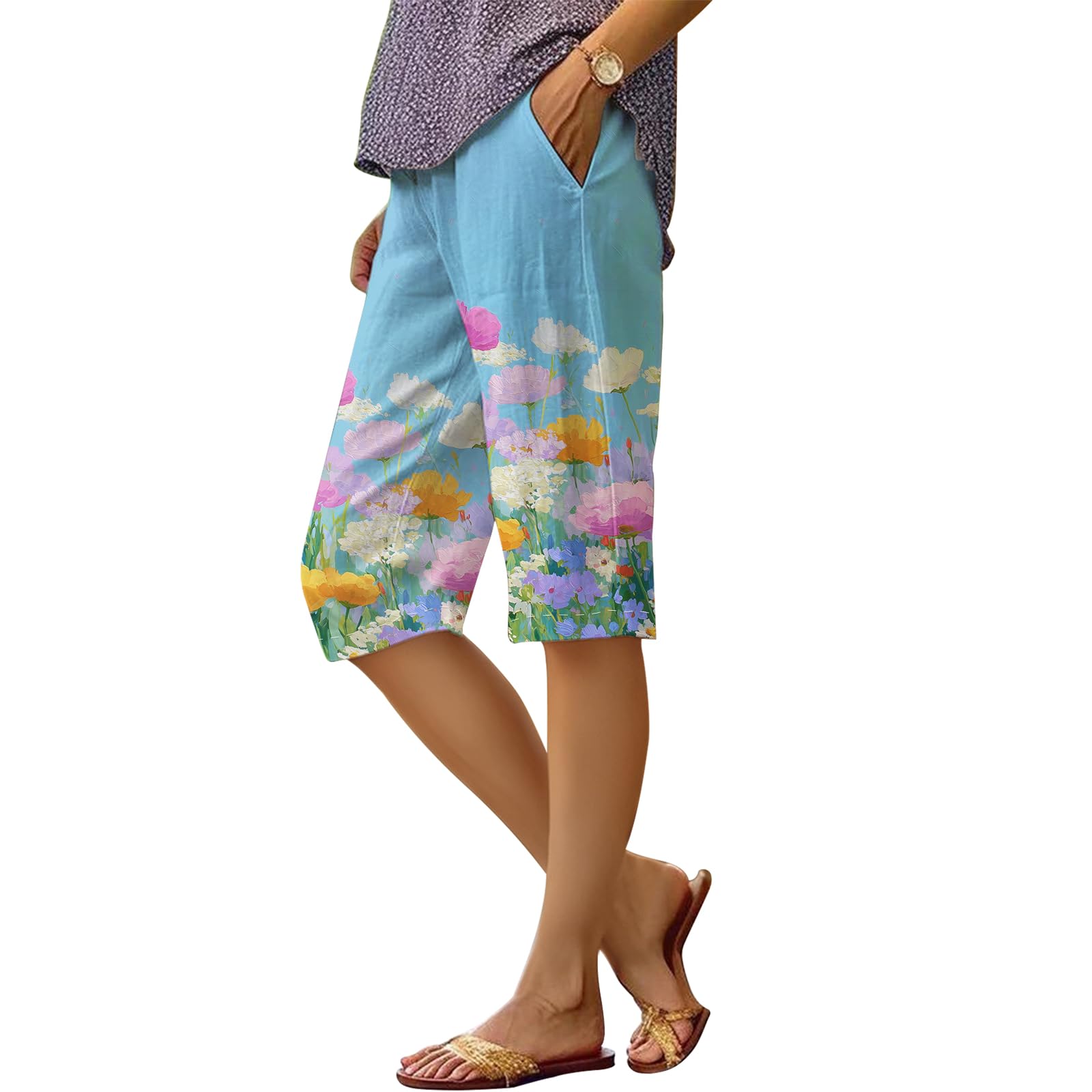 Shorts Dmoyala Com Estampa Floral De Linho, Cintura Alta, Perna Reta, Azul