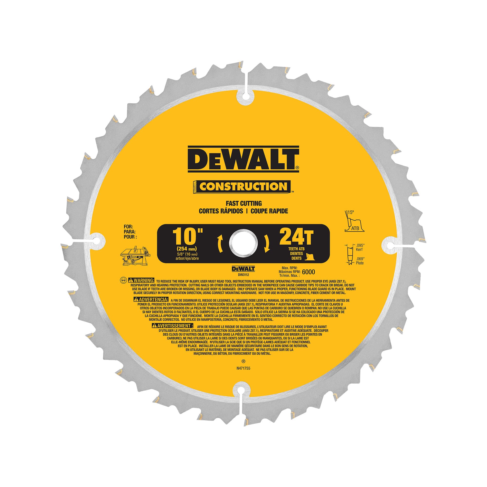 Lâmina De Serra Dewalt Dw3112 24t De 10 Polegadas Para Serra De Esquadria/mesa