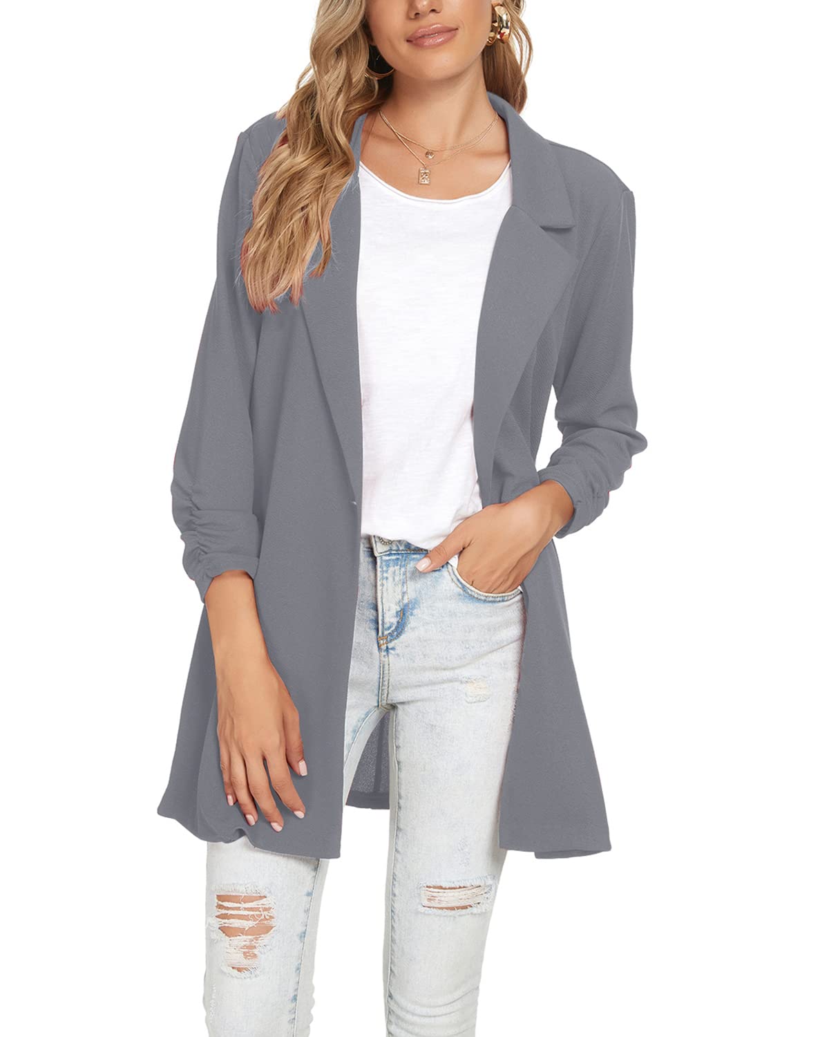 Blazer Unifizz Feminino Franzido, Manga 3/4, Aberta, Frontal, Cinza Escuro, Gg
