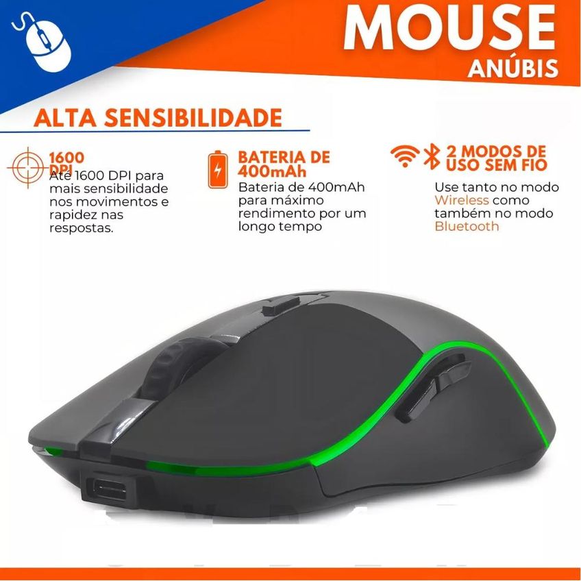 Mouse Gamer Sem Fio Wireless Usb Bluetooth 1600 Dpi Led Rgb Cor Preto/cinza - imagem 4