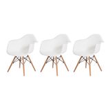 Kit 3 Cadeiras Eiffel Eames DAW c/Braço Branca Base Madeira Sala Cozinha Jantar