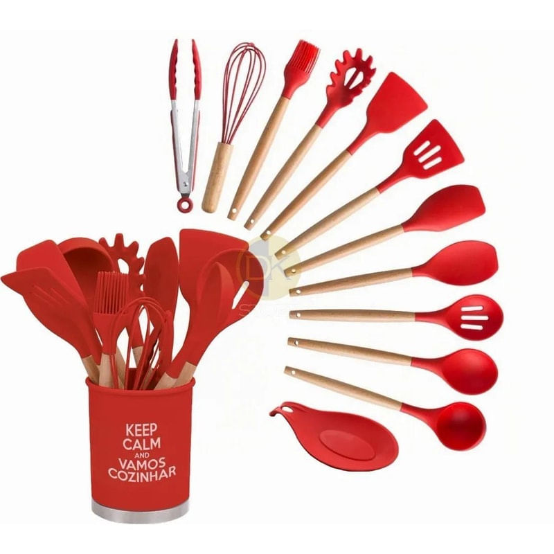 Kit Utensilios Cozinha 13 Peças Silicone Cabo Mdf Vermelho