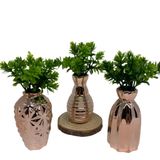 Kit decorativo três vasinhos rose gold com planta artificial