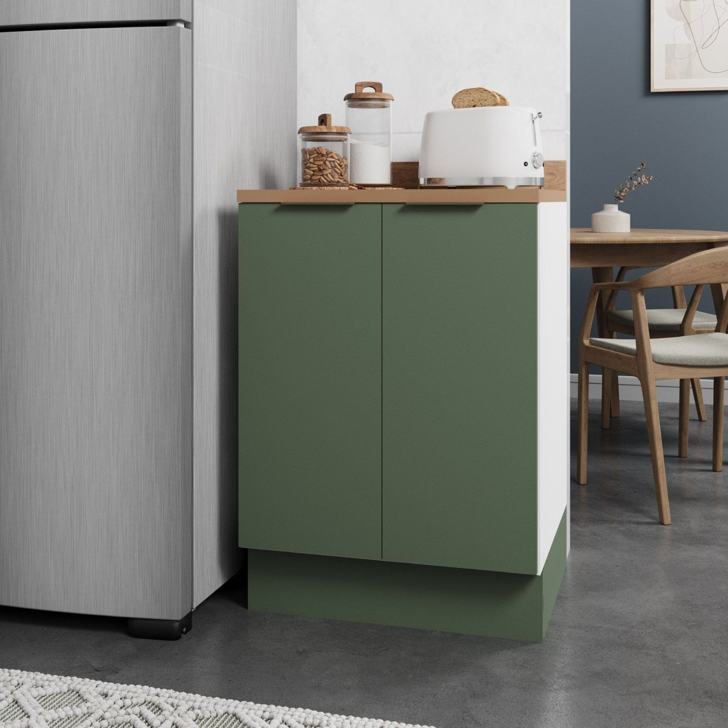 Balcão 2 Portas 60cm Com Tampo Com Rodapé Ipanema Cabecasa Madeiraoriginals Verde Folha/branco