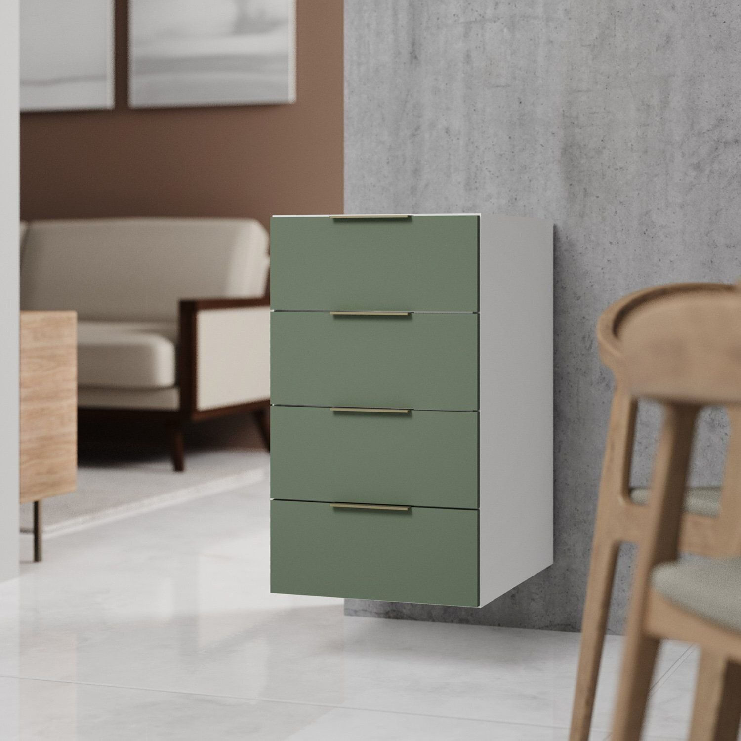 Balcão Suspenso 4 Gavetas 40cm Sem Tampo Sem Rodapé Ipanema Cabecasa Madeiraoriginals Verde Folha/branco