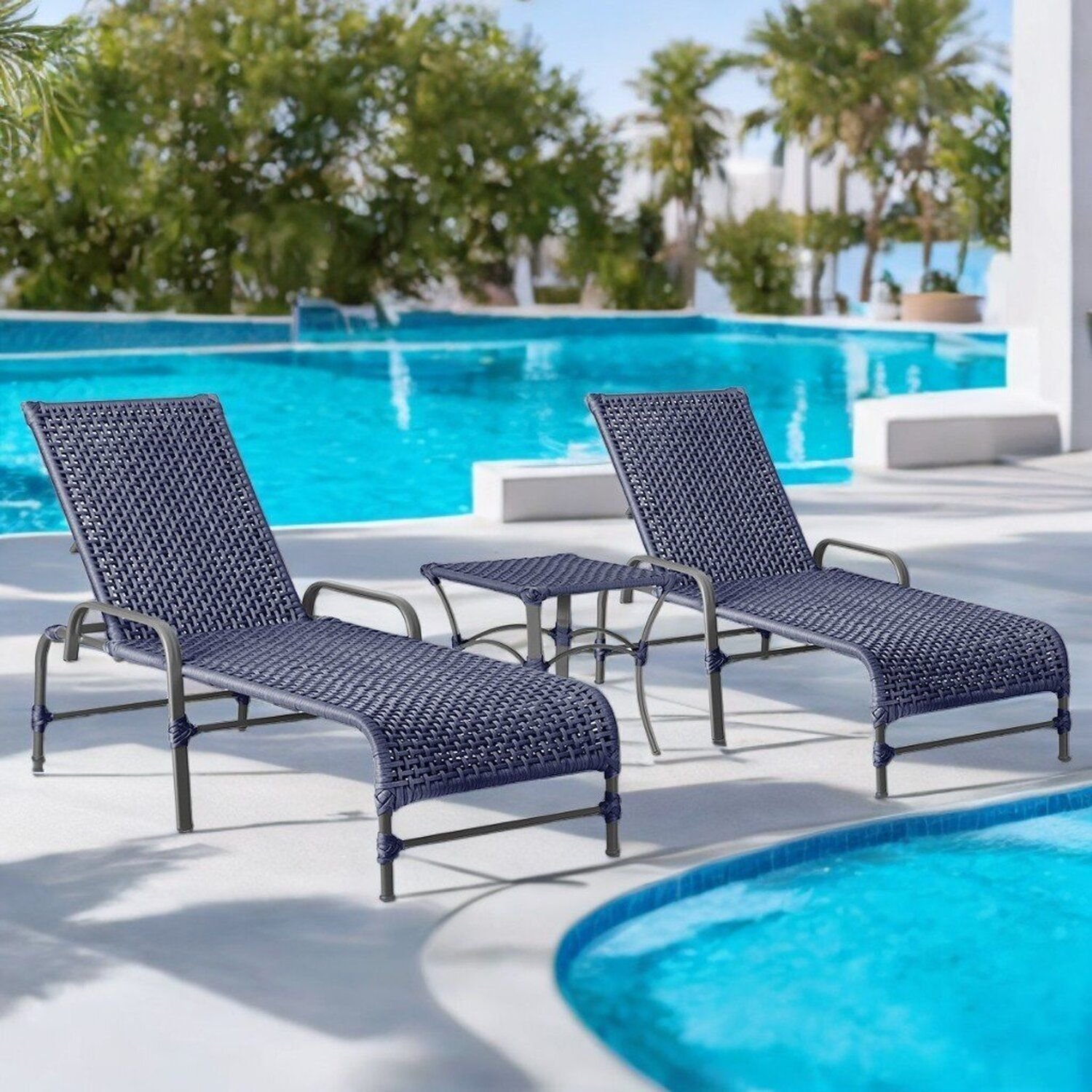 Kit 2 Espreguiçadeiras Corda Náutica E Mesa Garden Em Alumínio Para Piscina Edícula Catar