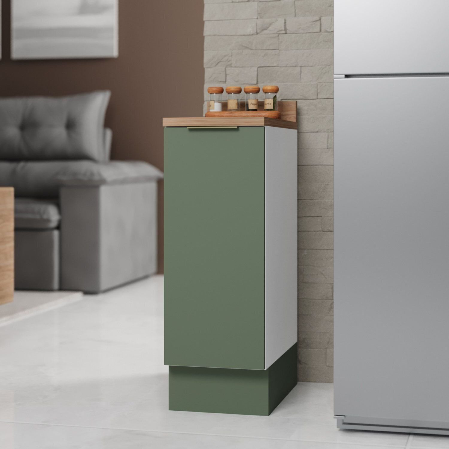 Balcão 1 Porta 30cm Sem Tampo Com Rodapé Ipanema Cabecasa Madeiraoriginals Verde Folha/branco