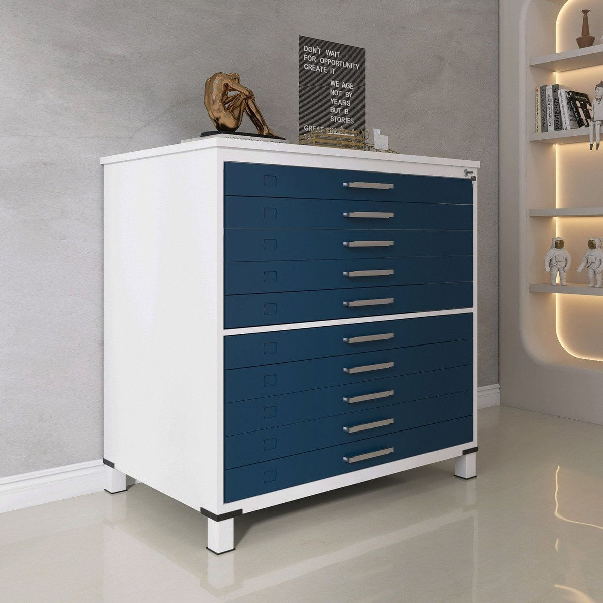 Mapoteca 10 Gavetas 120,4cm X 122,3cm Aço Branco/azul Delrei