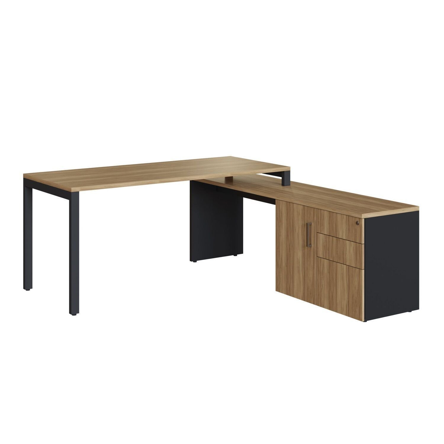 Escrivaninha Mesa Escritório Diretoria Com Balcão 1 Porta 2 Gavetas 180cm Home Office Concept Nogal Sevilha/preto