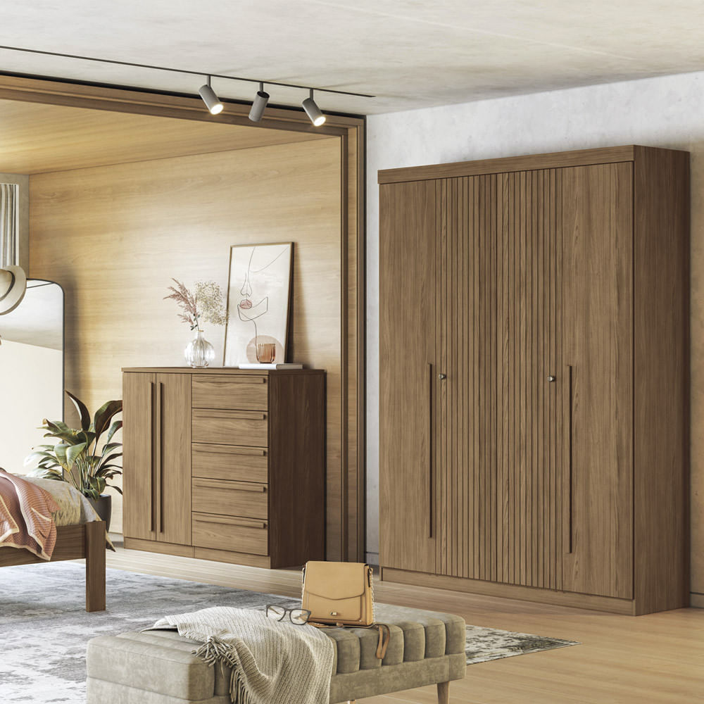 Quarto De Solteiro Com Guarda-roupas Buriti 4 Portas E Cômoda Málaga Santos Andirá