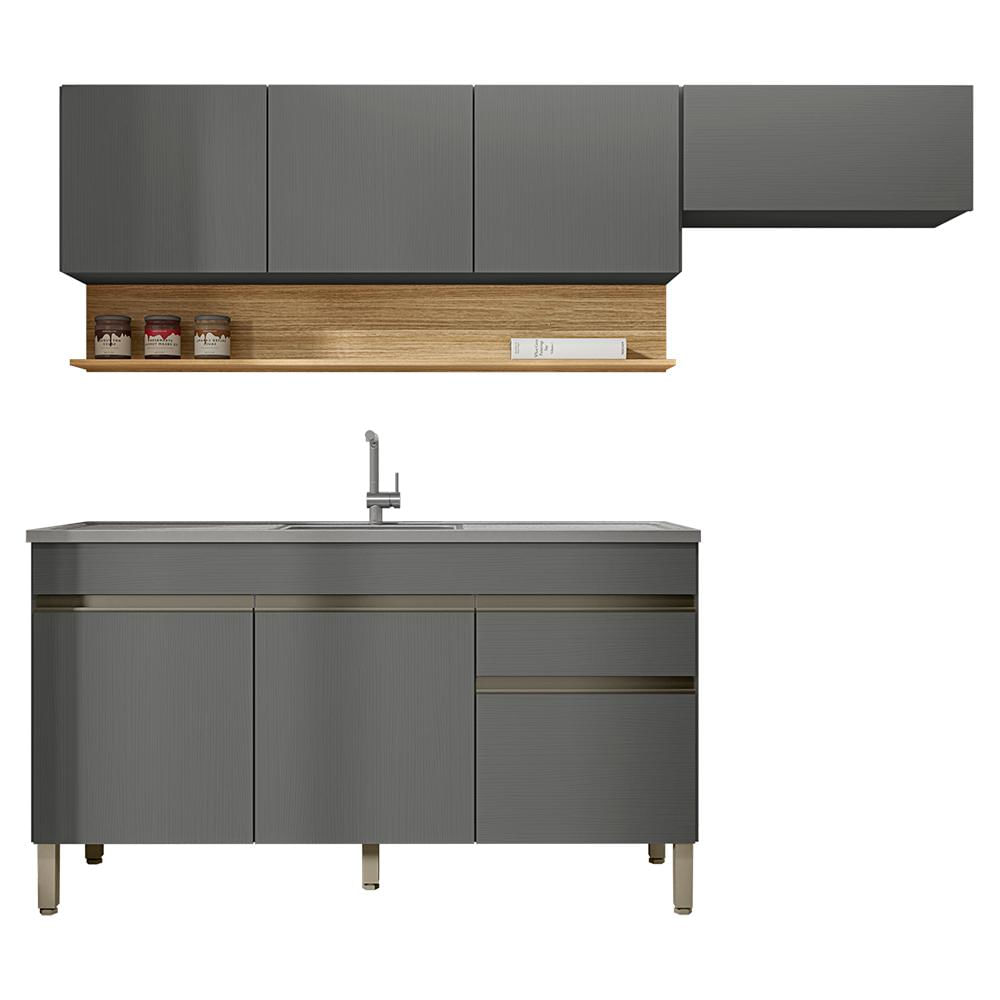 Cozinha Modulada 3 Pecas Com Balcao Pia Line Gris Cp Freijo Ktp