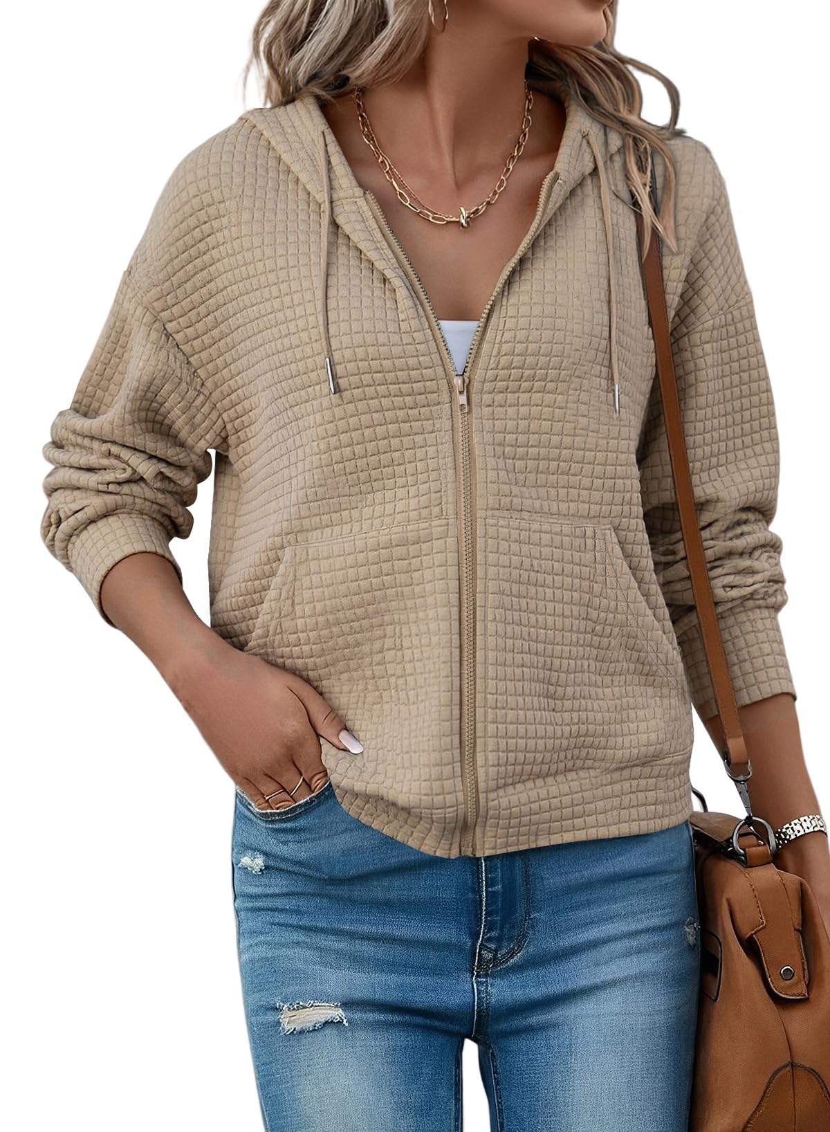 Moletom Com Capuz Shewin Oversize Waffle Knit Khaki Para Mulheres