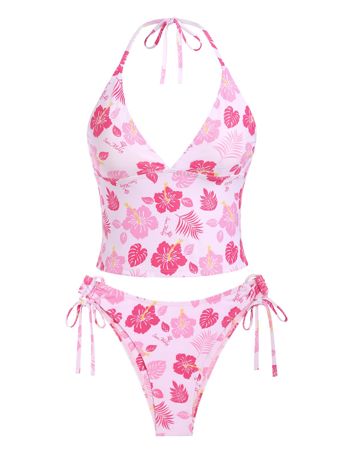 Conjunto De Tanquíni Com Estampa De Folhas Florais Tropicais Seamoly Rosa Claro
