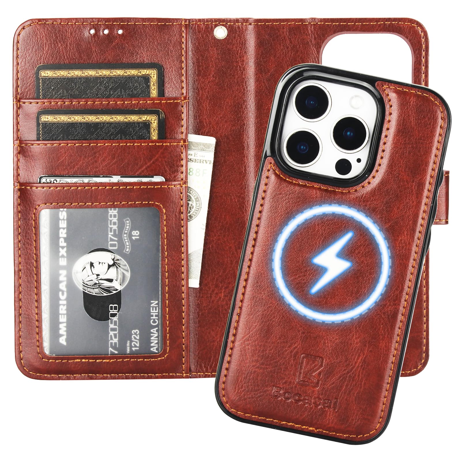 Capa Tipo Carteira Bocasal Para Iphone 16 Pro Com Magsafe Rfid Brown