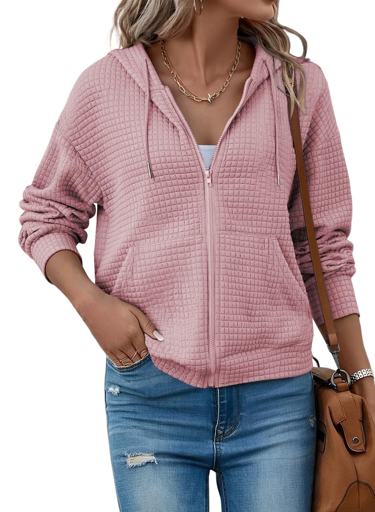 Moletom Com Capuz Shewin Oversize Waffle Knit Rosa Para Mulheres
