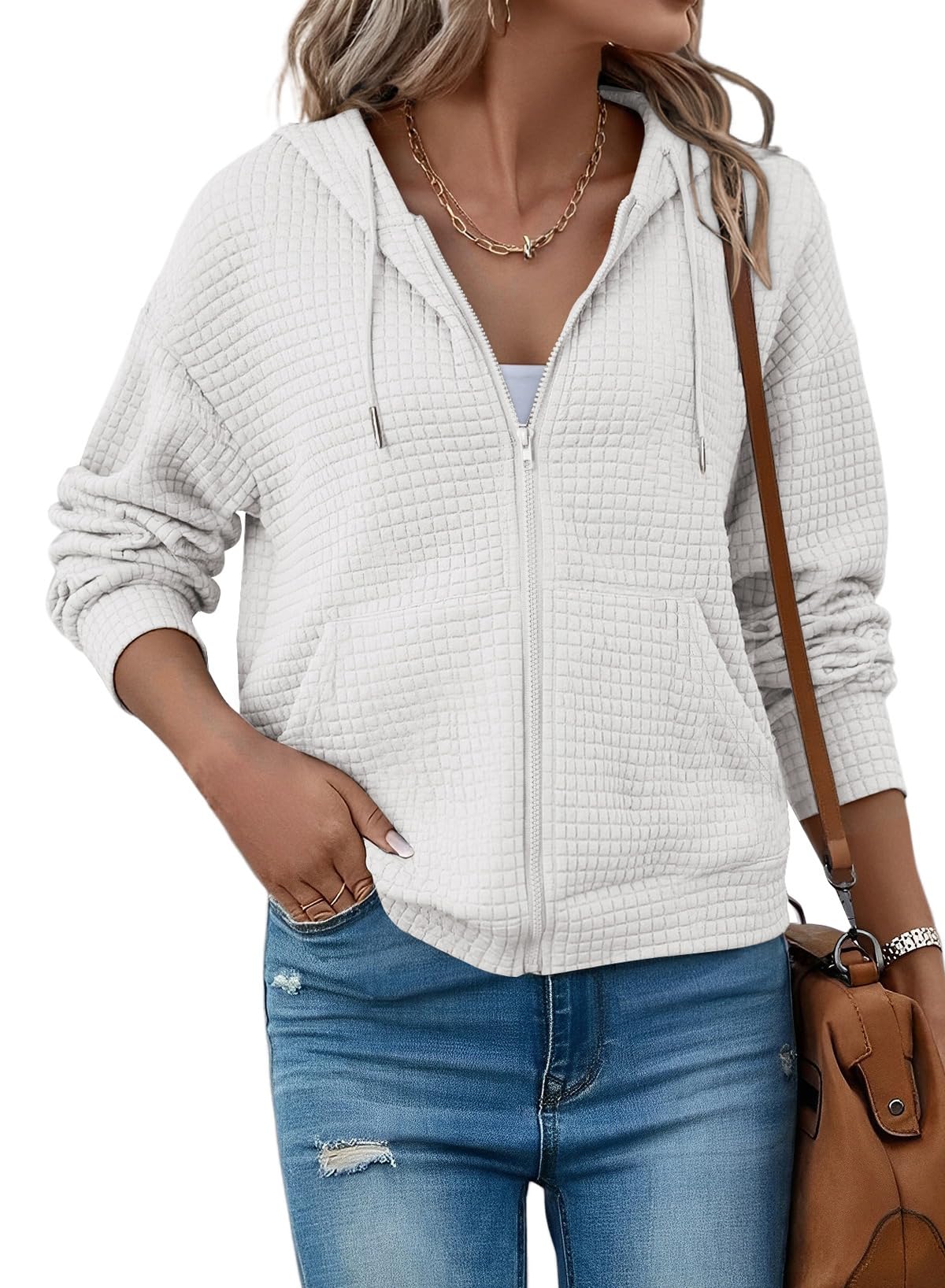 Moletom Com Capuz Shewin Oversize Waffle Knit Branco Para Mulheres