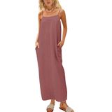 Vestido Maxi Reachme Linen Summer Spaghetti Strap Coffee
