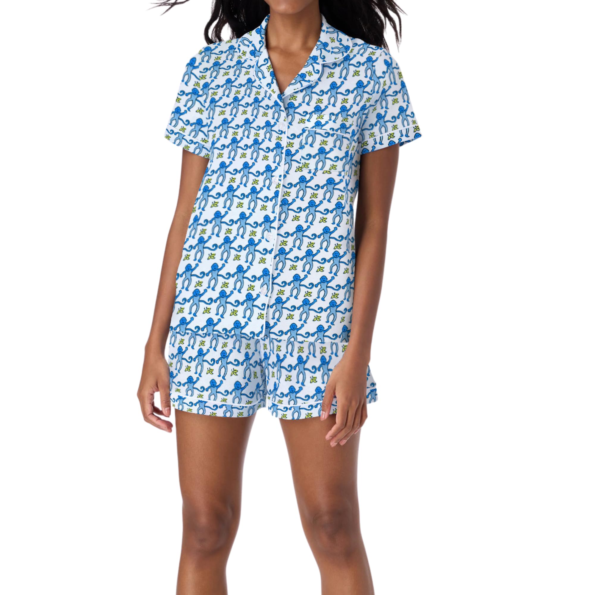 Conjunto De Pijamas Ammiko Y2k Monkey Beach De Manga Curta Azul L Feminino