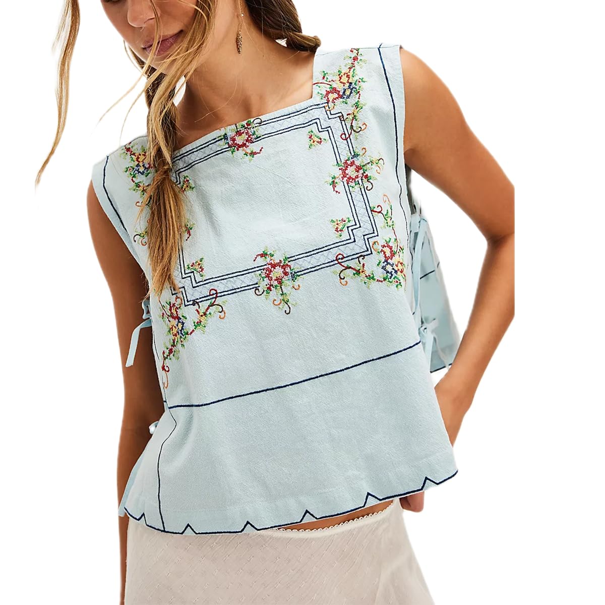 Camiseta Regata Keliholiyu Tie Side Para Mulheres Y2k Bordada Floral