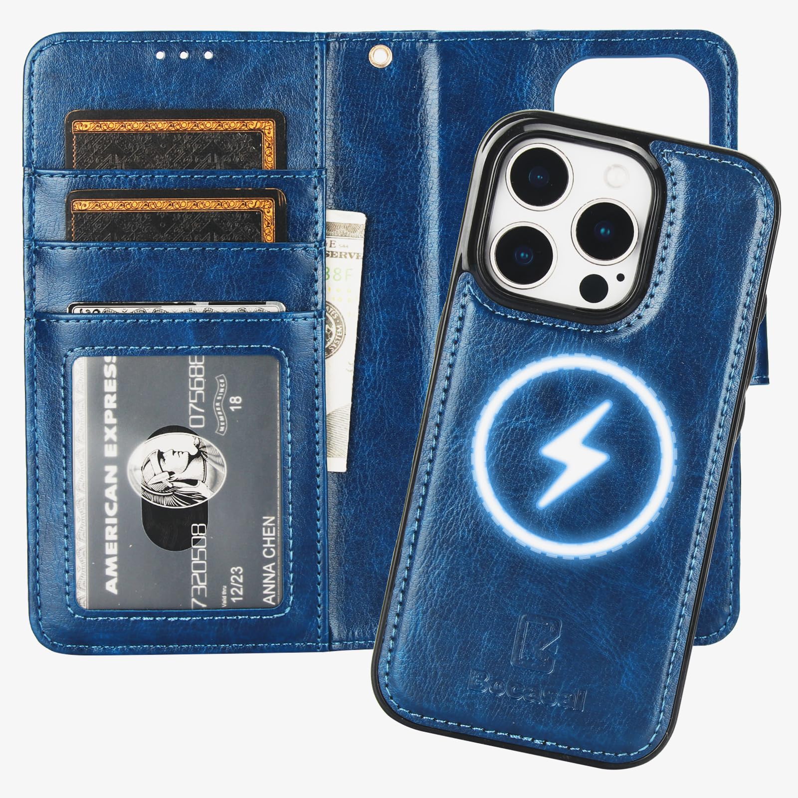 Capa Tipo Carteira Bocasal Para Iphone 16 Pro Com Couro Azul Magsafe