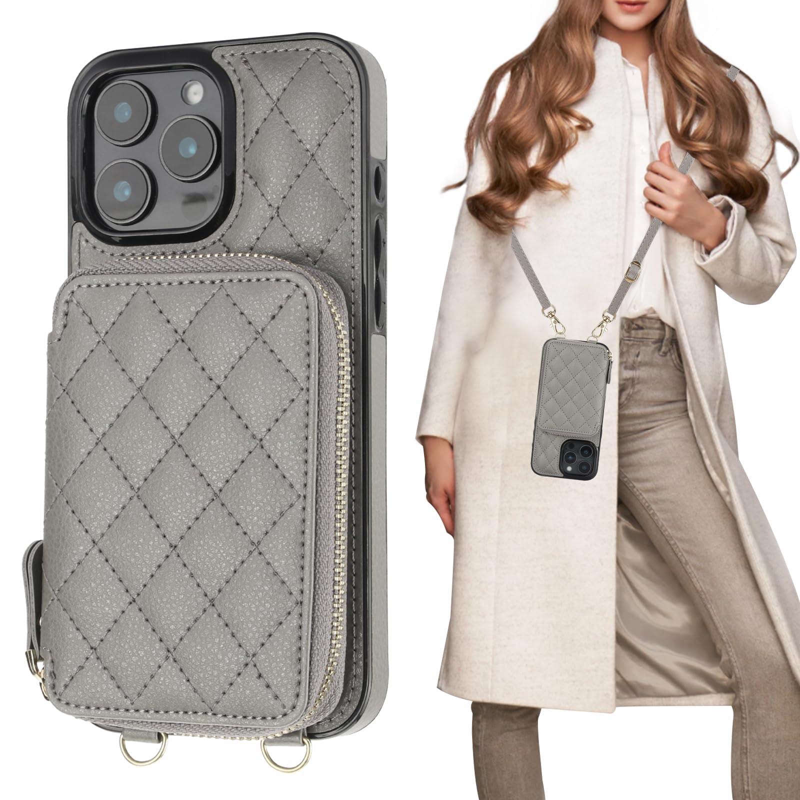 Capa Tipo Carteira Crossbody Bocasal Iphone 16 Pro Max Rfid Cinza