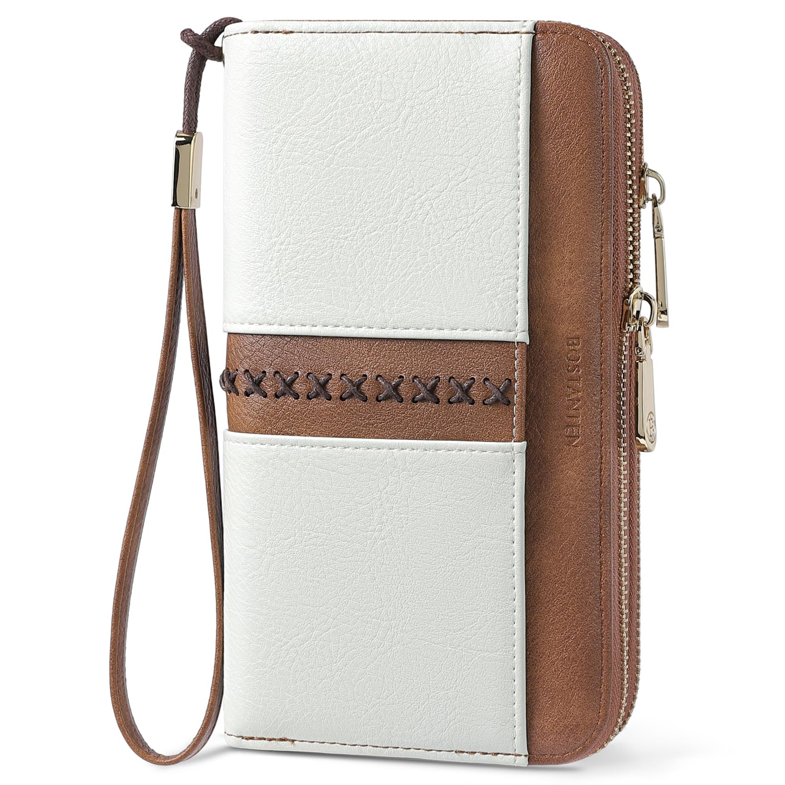 Carteira Bostanten Rfid De Couro Com Zíper Duplo, Pulseira Bege