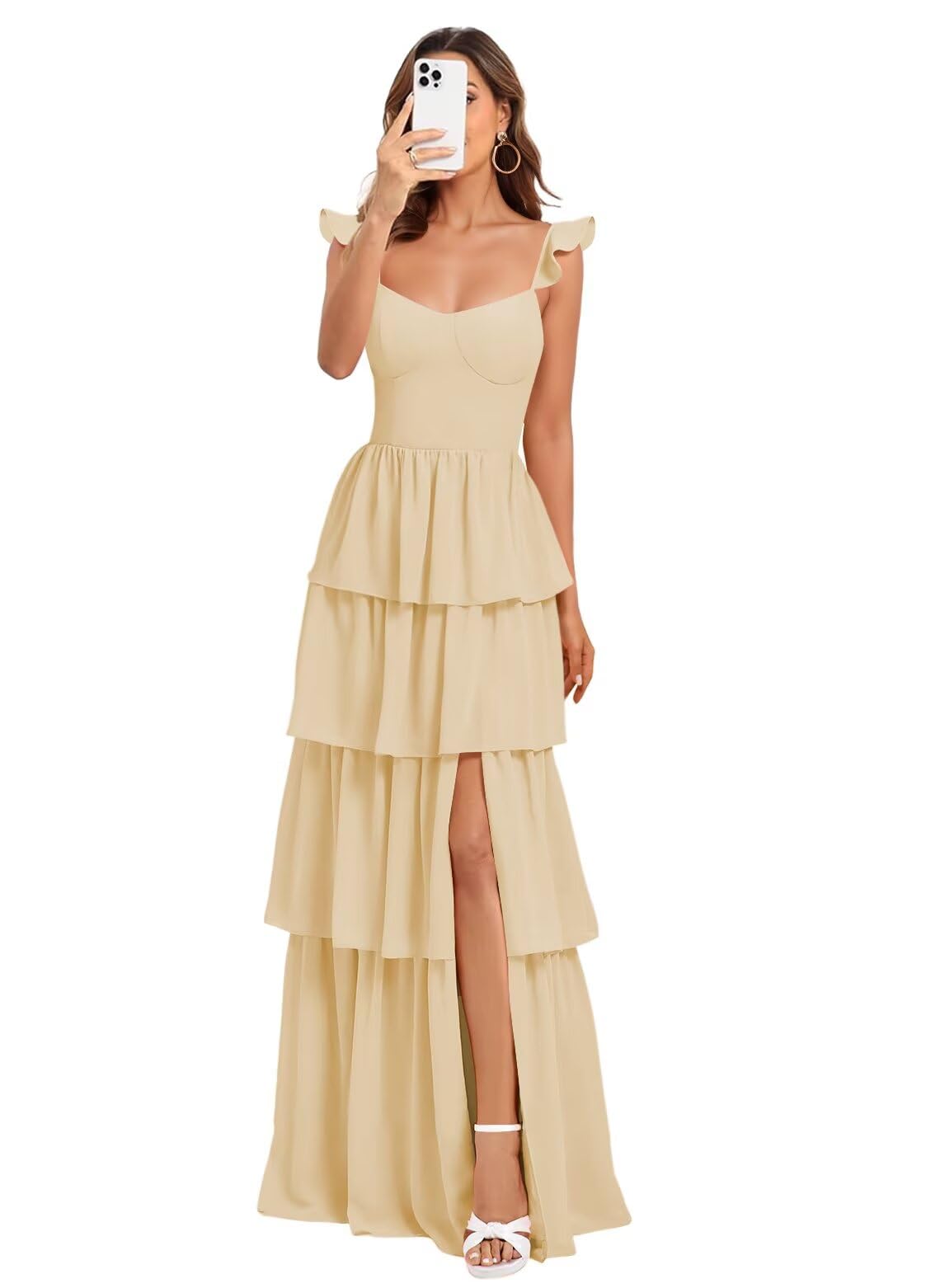 Vestido De Dama De Honra Dessiny Tered Ruffles Chiffon Aline Champagne