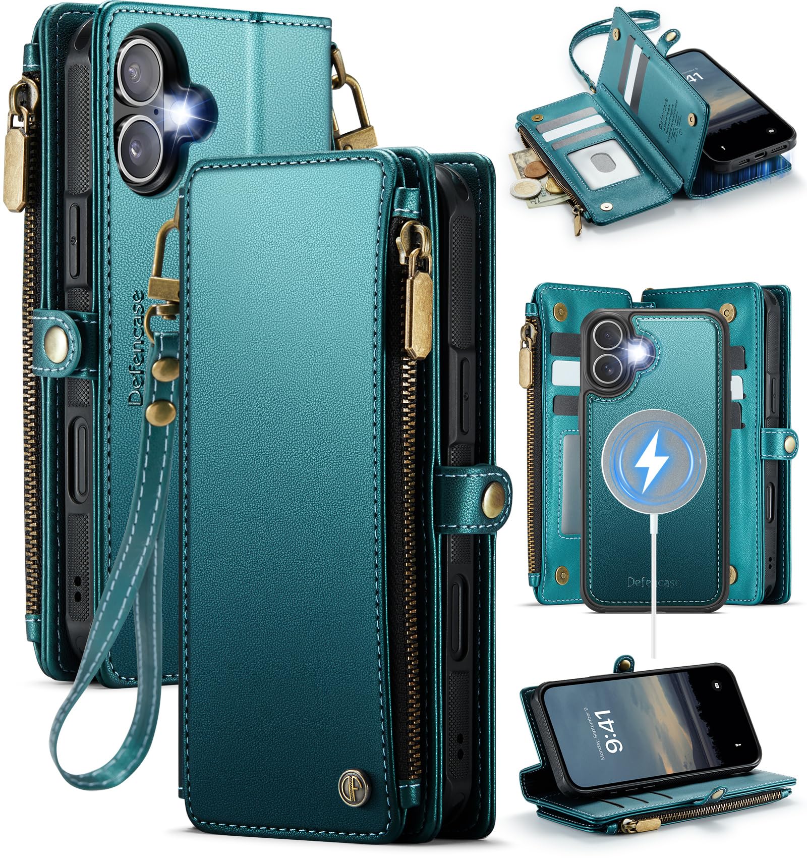 Capa Wallet Defencase Para Iphone 16 De 6,1 Polegadas Com Rfid Azul Verde
