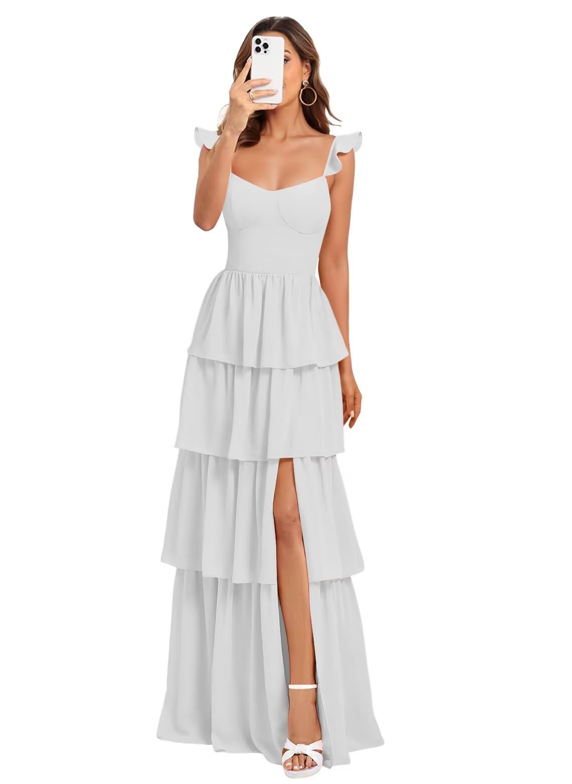 Vestido De Dama De Honra Dessiny Tered Ruffles Chiffon Aline White
