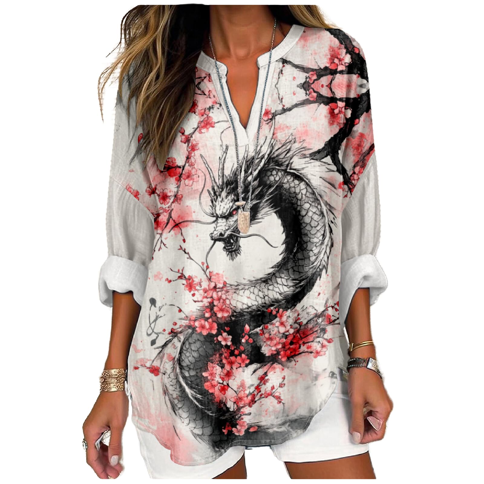 Camiseta Marsvovo Black Dragon And Pink Cherry Flower Para Mulheres