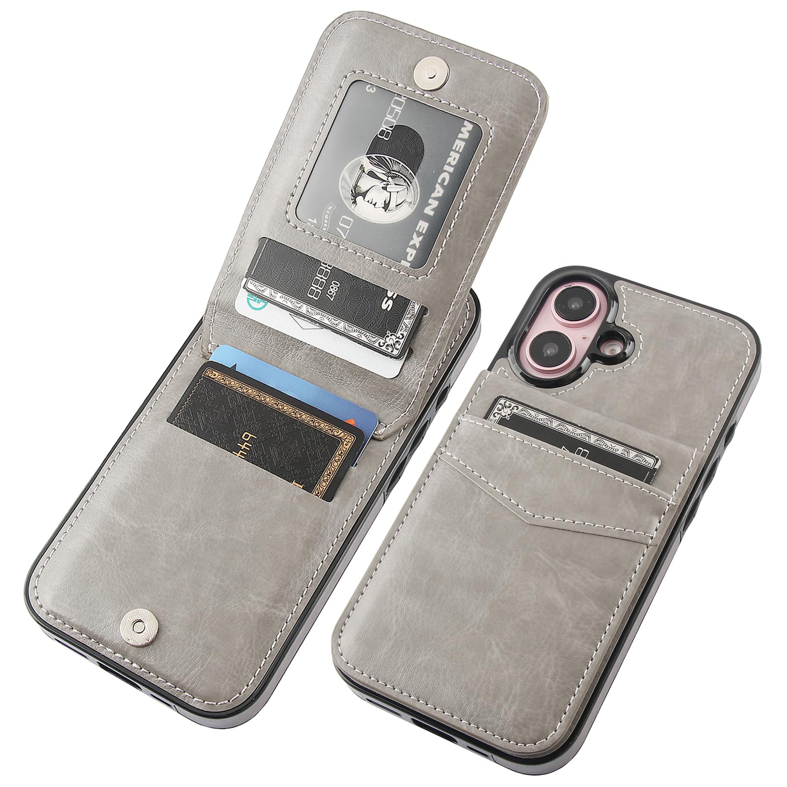 Capa Wallet Kihuwey Compatível Com Iphone 16 Cinza De 6,1 Polegadas