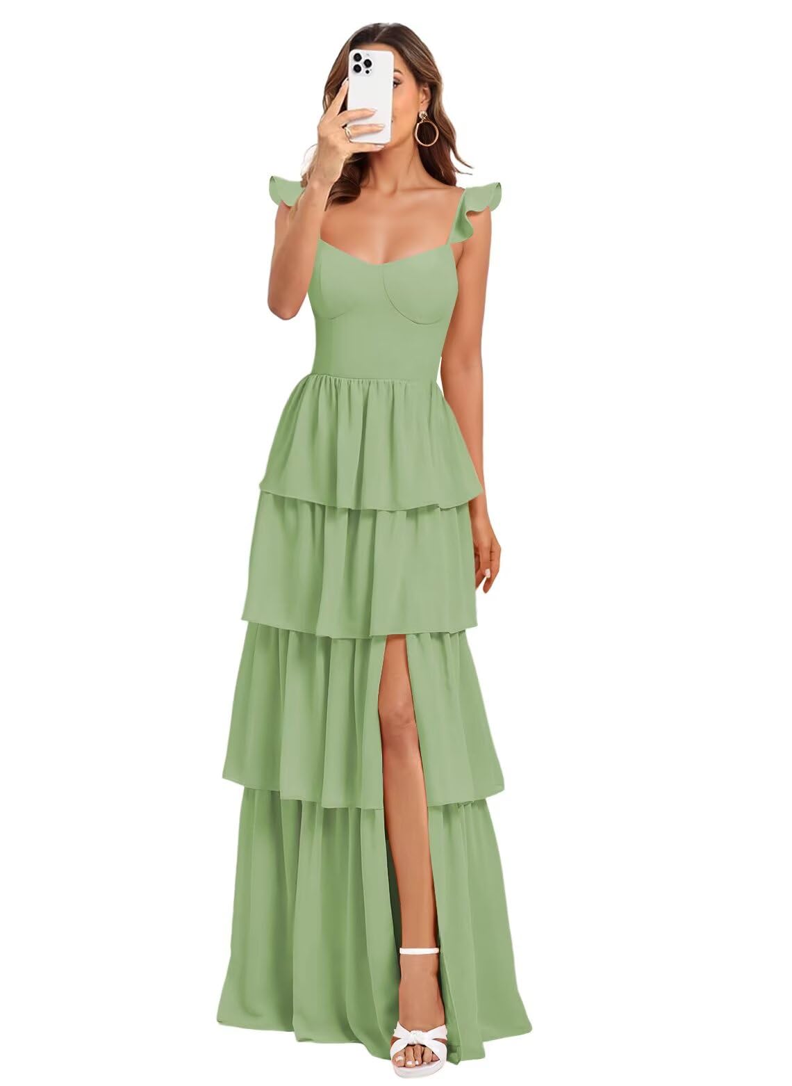 Vestido De Dama De Honra Dessiny Spaghetti Straps Tiered Sage 2025