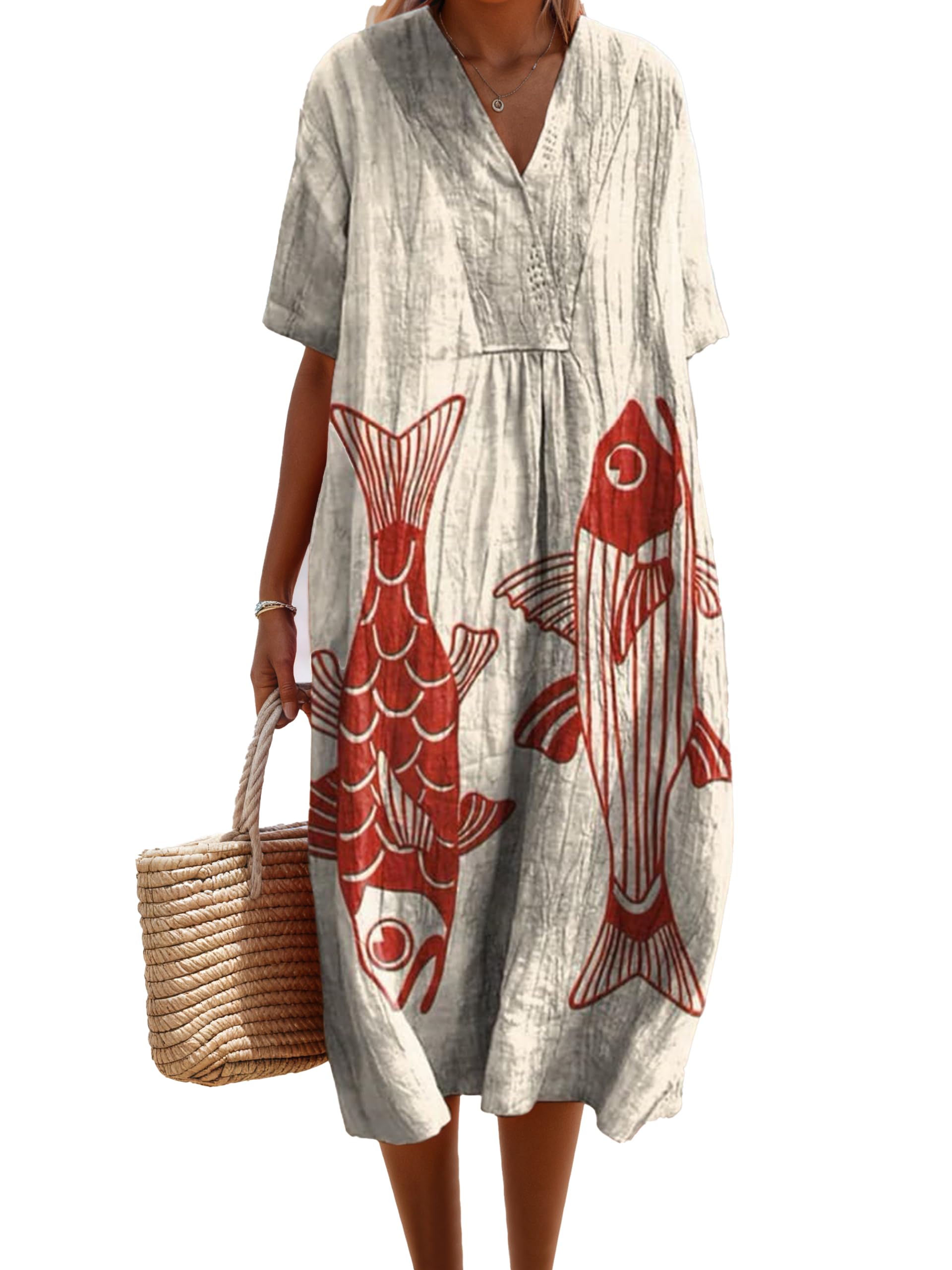 Vestido Epanus Com Decote Em V Boho Sardine Fishfood Linen Maxi Women