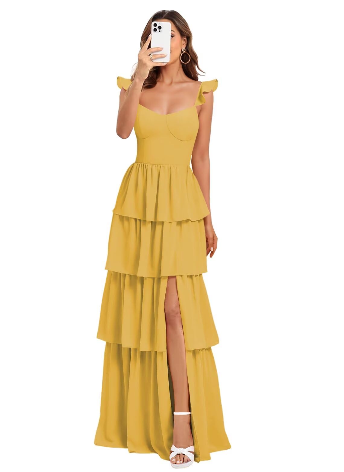 Vestido De Dama De Honra Dessiny Gold Spaghetti Straps Chiffon Aline