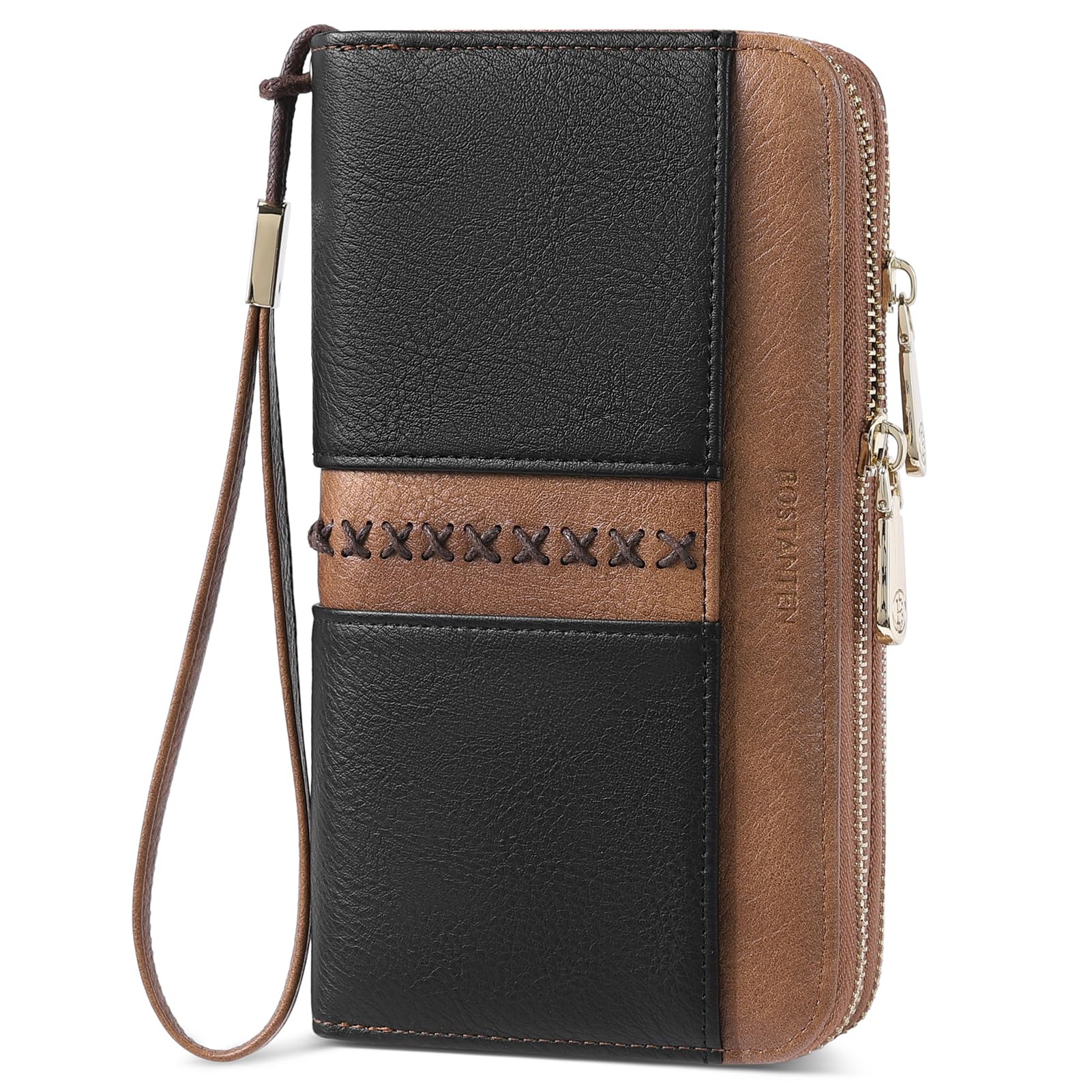 Carteira Bostanten Rfid De Couro Com Zíper Duplo Para Mulher