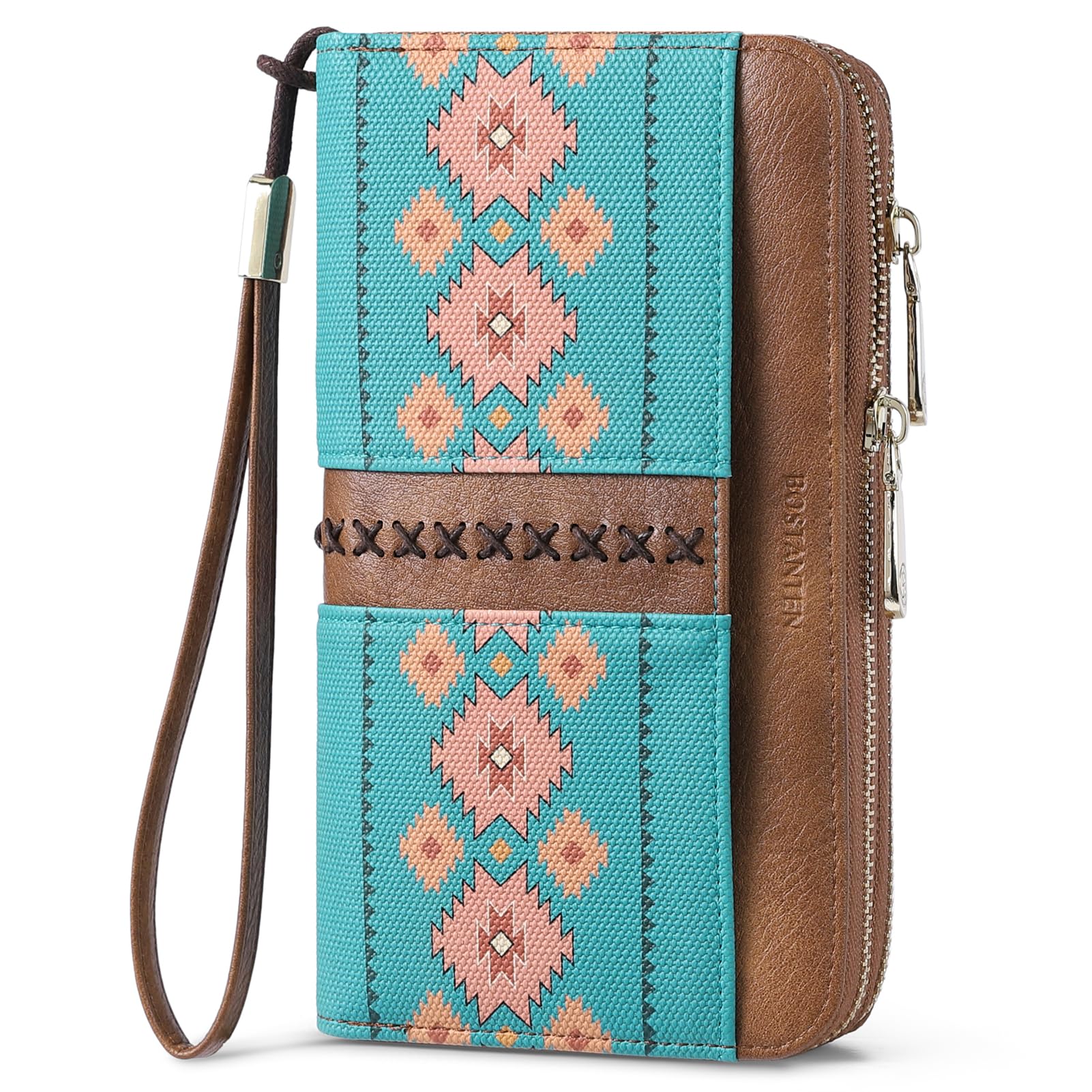 Carteira Bostanten Rfid De Couro Com Zíper Duplo Verde E Marrom Para Mulheres