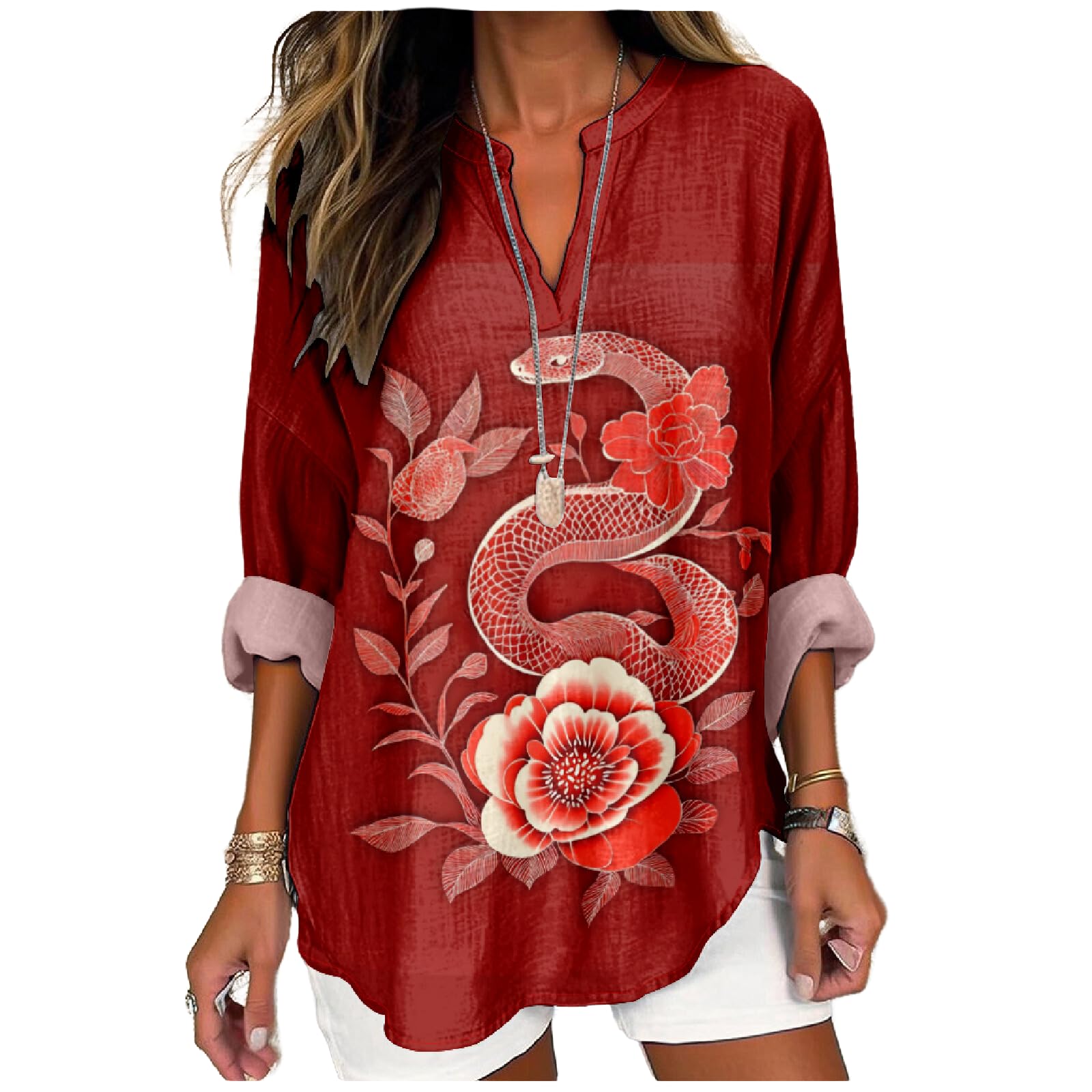 Camiseta Marsvovo Com Estampa Vermelha De Cobra E Flor Para Mulheres