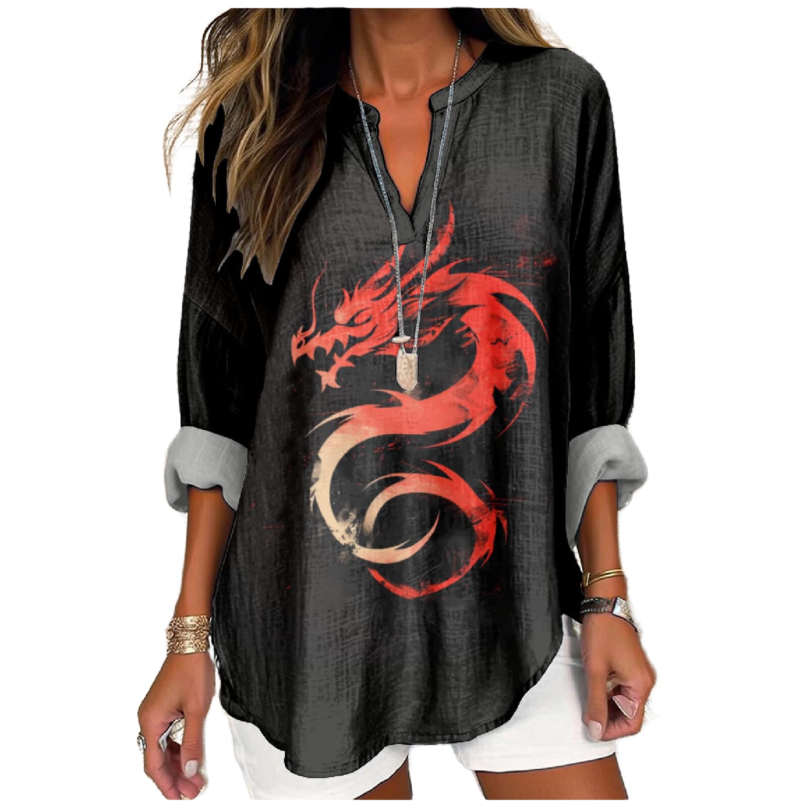 Camiseta Marsvovo Red Dragon Com Estampa Artística Japonesa Para Mulheres