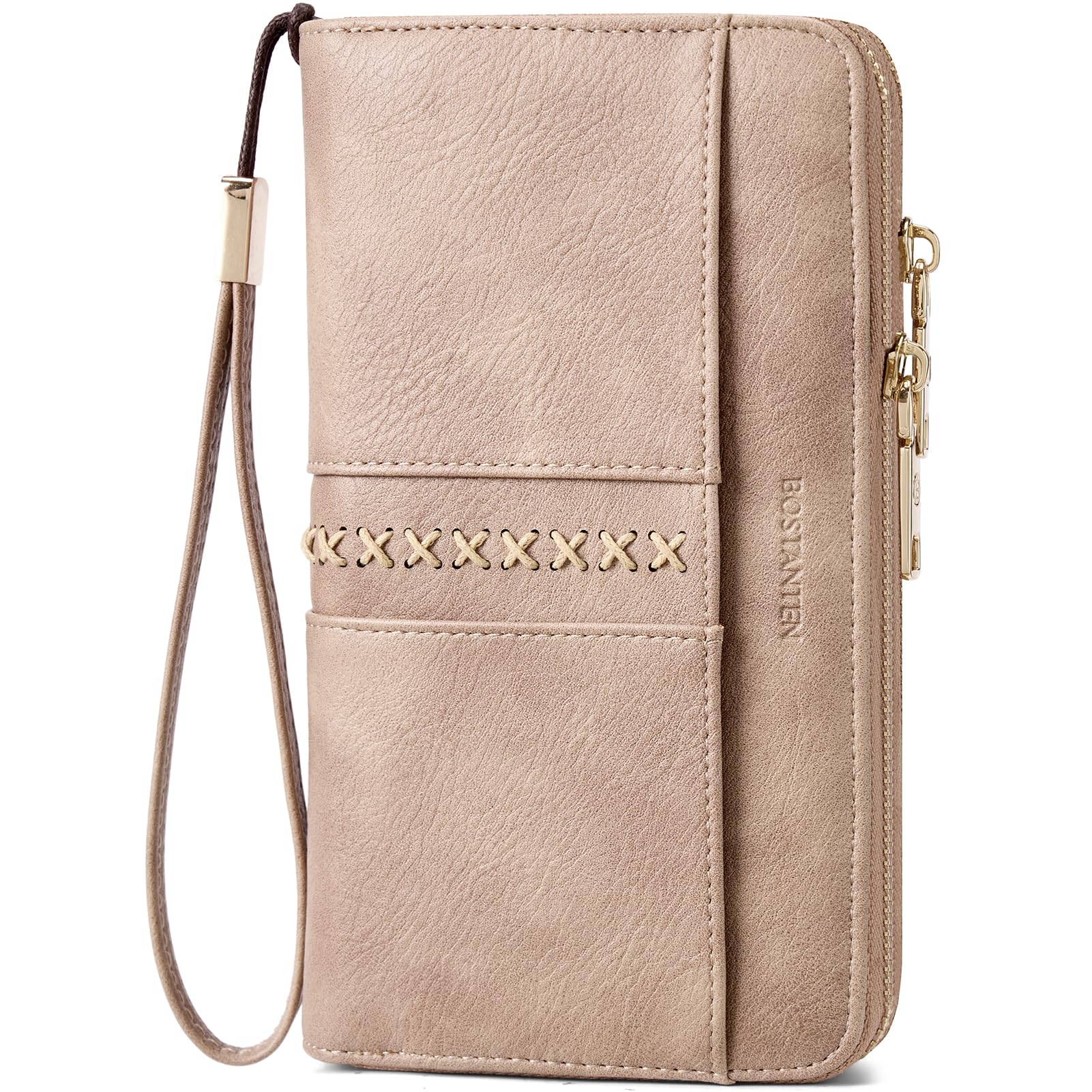 Carteira Bostanten Rfid De Couro Com Zíper Duplo Para Mulher