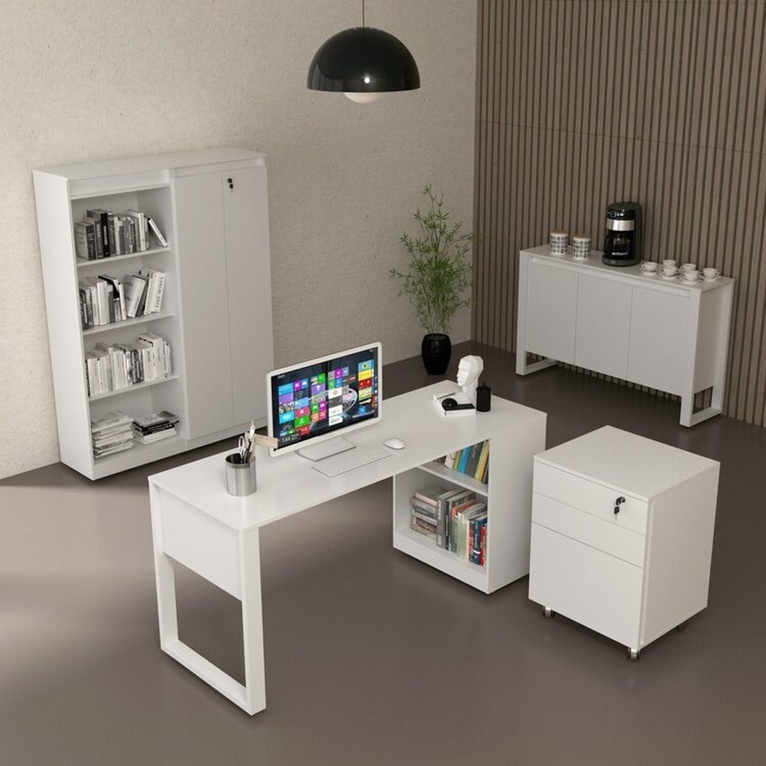 Kit Escritório 5 Peças Com 1 Escrivaninhas, 1 Gaveteiro, 1 Estante E 2 Armários Multiuso Branco