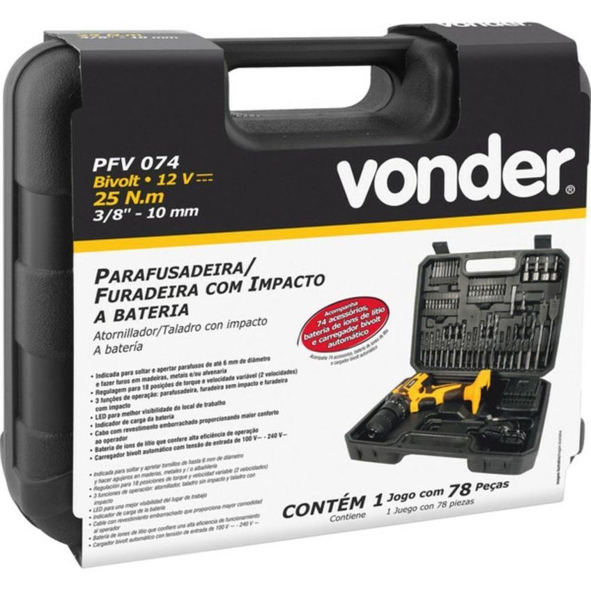 Parafusadeira Furadeira À Bateria 12v Com Imp Kit Com 74 Peç - imagem 2