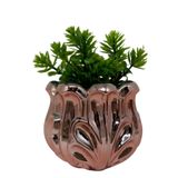 Vaso luxo rose gold trabalhado com planta artificial