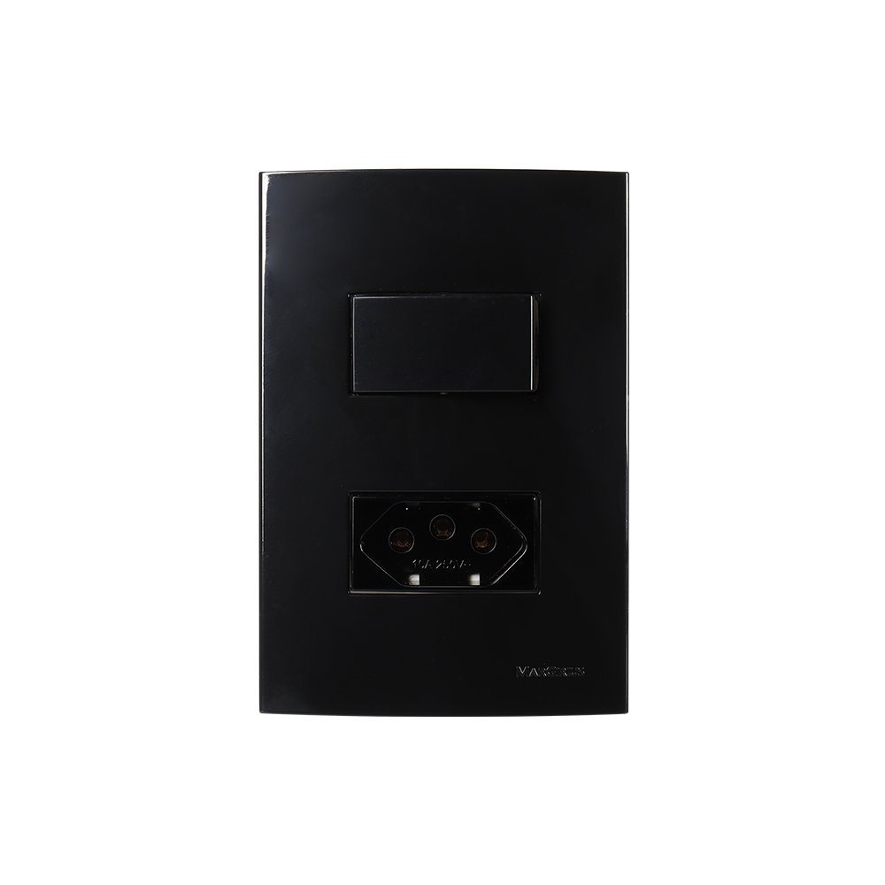 Interruptor Simples 10a E Tomada 2p+t 10a Margirius Sleek Com Placa 4x2 Preto Ebony